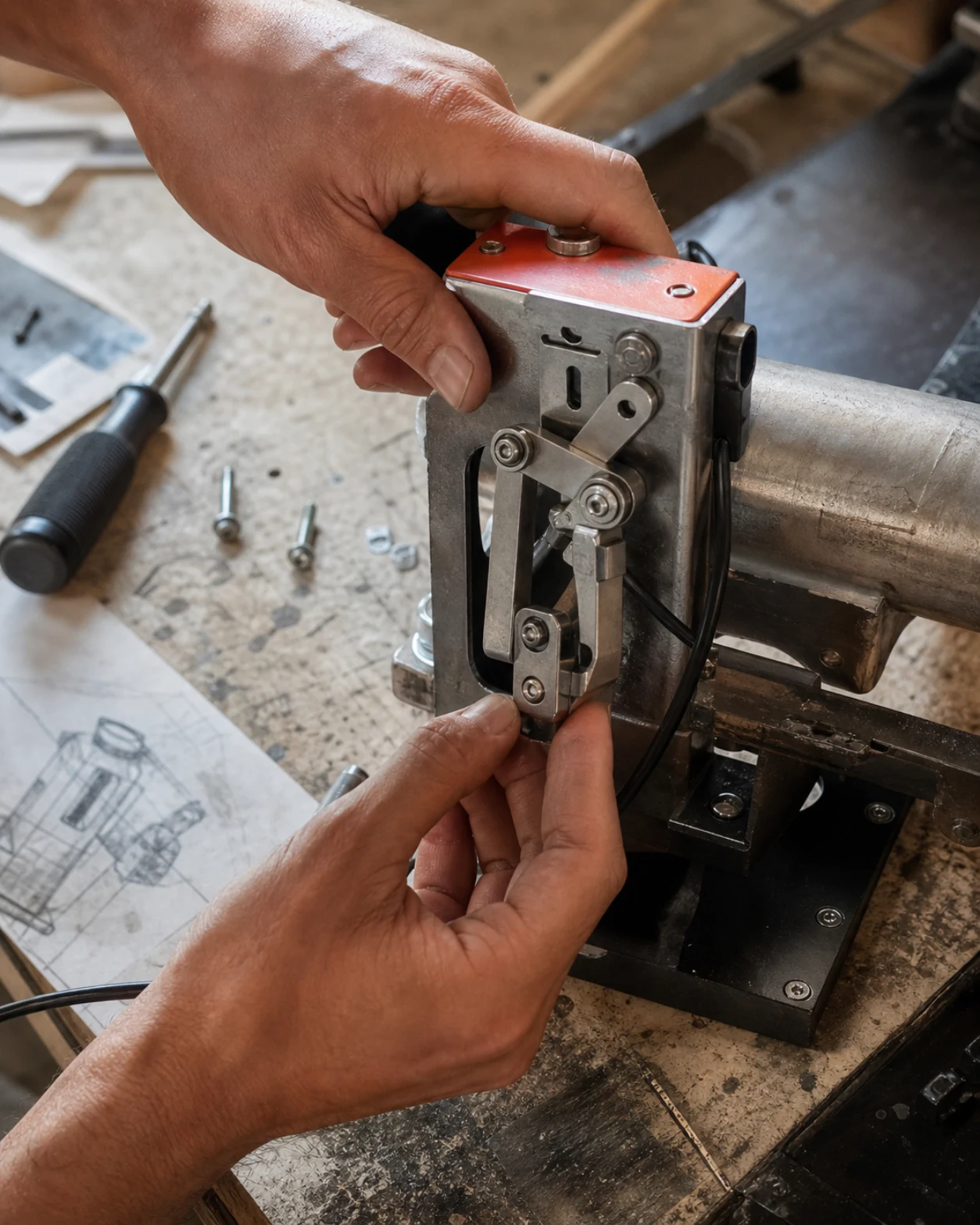 Technician adjusting a compact mechanical inspection assembly