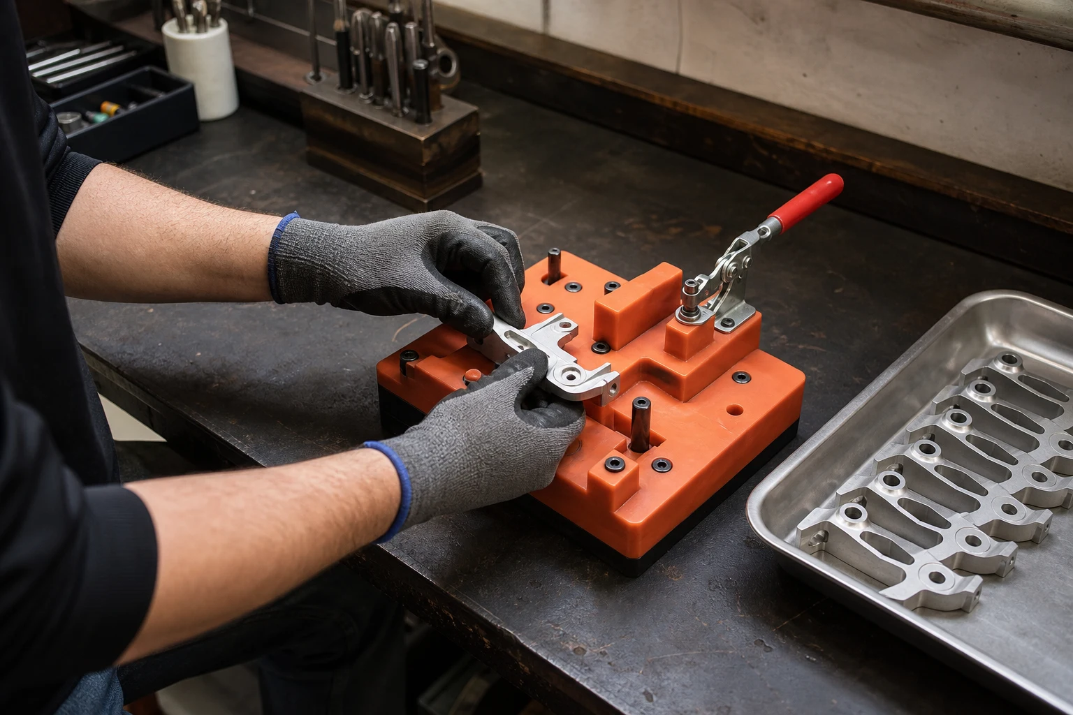 Operator using an orange assembly positioning fixture at a workbench