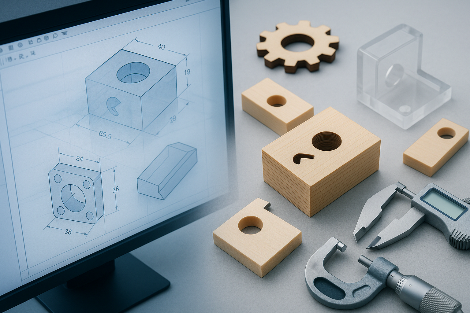 CAD geometry, physical samples, calipers, and a micrometer used to define a replacement part